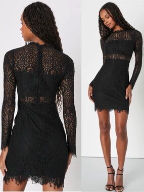 NWT Lulu’s Appetite for Seduction Black Lace Long Sleeve Dress Medium Baddie